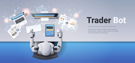 robot looking at graphs indexes financial data on computer monitor trading stocks online trader bot broker finance trade ai concept top angle workplace desk horizontal