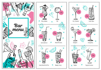 Cocktail menu design template with bottles, glasses and drink list. Vector outline hand drawn illustration with white background and color elements