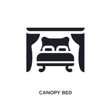 Black Canopy Bed Isolated Vector Icon. Simple Element Illustration From Furniture And Household Concept Vector Icons. Canopy Bed Editable Black Logo Symbol Design On White Background. Can Be Use For