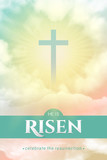 Fototapeta Łazienka - Christian religious design for Easter celebration. Rectangular vertical vector banner with text: He is risen, shining Cross and heaven with white clouds.