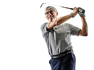 Wall Mural - one caucasian senior man golfer golfing  in studio shadow silhouette isolated on white background