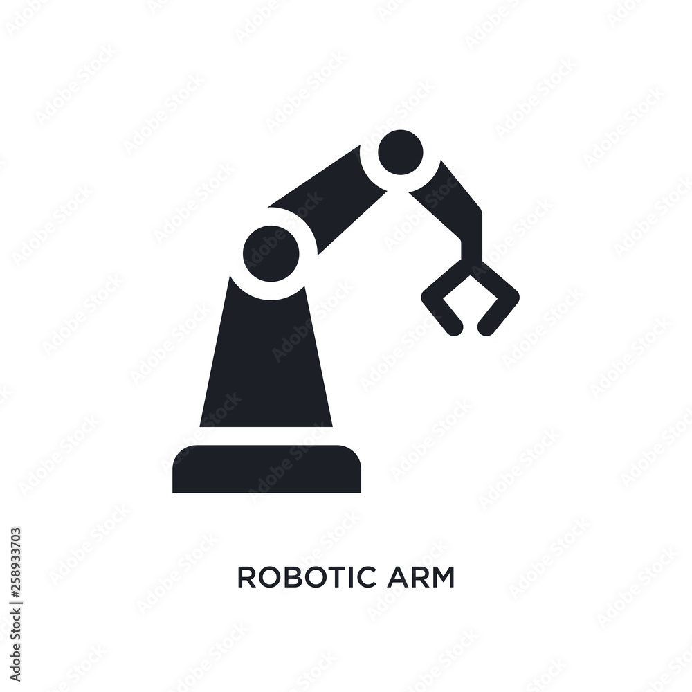 black robotic arm isolated vector icon. simple element illustration from industry concept vector icons. robotic arm editable logo symbol design on white background. can be use for web and mobile
