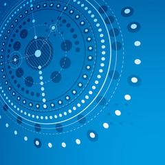 Fototapete - Technical drawing made using dashed lines and geometric circles. Blue perspective vector wallpaper created in communications technology style, 3d engine design.