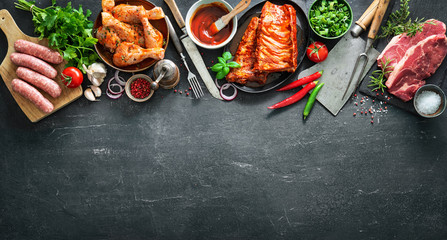 Wall Mural - Various kinds of grill and bbq meats with vintage kitchen and butcher utensils