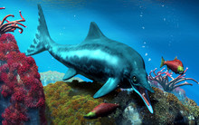 An Ichthyosaur Hunts For Fish Over A Jurassic Era Reef. This Prehistoric Aquatic Reptile Swam The Oceans In The Time Of The Dinosaurs. 3D Rendering
