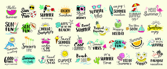 big set of summer labels, logos, hand drawn tags and elements for summer holiday, travel, beach vaca