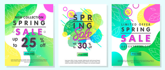  Set of spring special offer banners.Trendy templates with gradient backgrounds,fluid shapes and geometric elements.Sale posters perfect for prints, flyers banners, promotional ad, special offers.