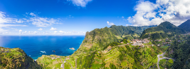 Wall Mural - Beautiful mountain landscape of Madeira island, Portugal, on a summer day. Aerial panorama view.