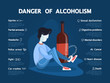 Danger of alcoholism infographic. Drunk alcoholic chained