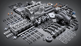 Fototapeta  - Car engine disassembled. many parts.