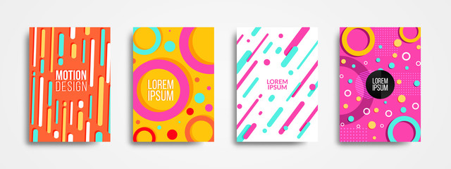 Set of four trendy memphis style covers with basic shape and dynamic design. Cool Colorful backgrounds, applicable for Covers, Posters, and Banner Designs