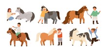 Collection Of Children And Ponies. Set Of Cute Happy Boys And Girls Practicing Horseback Riding, Playing With Their Domestic Animals, Caring About Them. Flat Cartoon Colorful Vector Illustration.