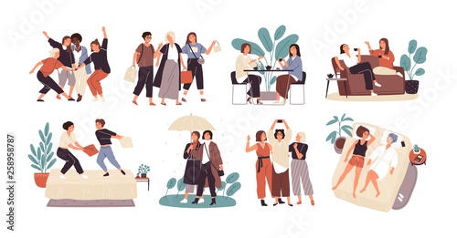 Fotomural Bundle of young women or girl friends spending time together - drinking tea at cafe, walking with umbrella, pillow fighting, shopping, taking selfie