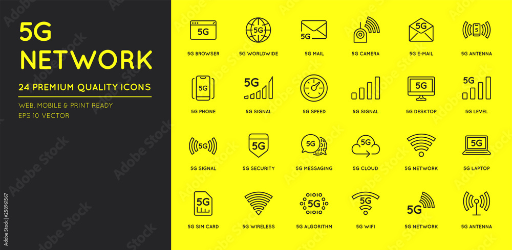 Simple line stroke vector icon set,new 5th generation mobile network 5G ...