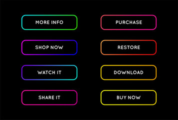 Vector Set of Modern Neon App or Game Buttons. Trendy gradient neon colors.