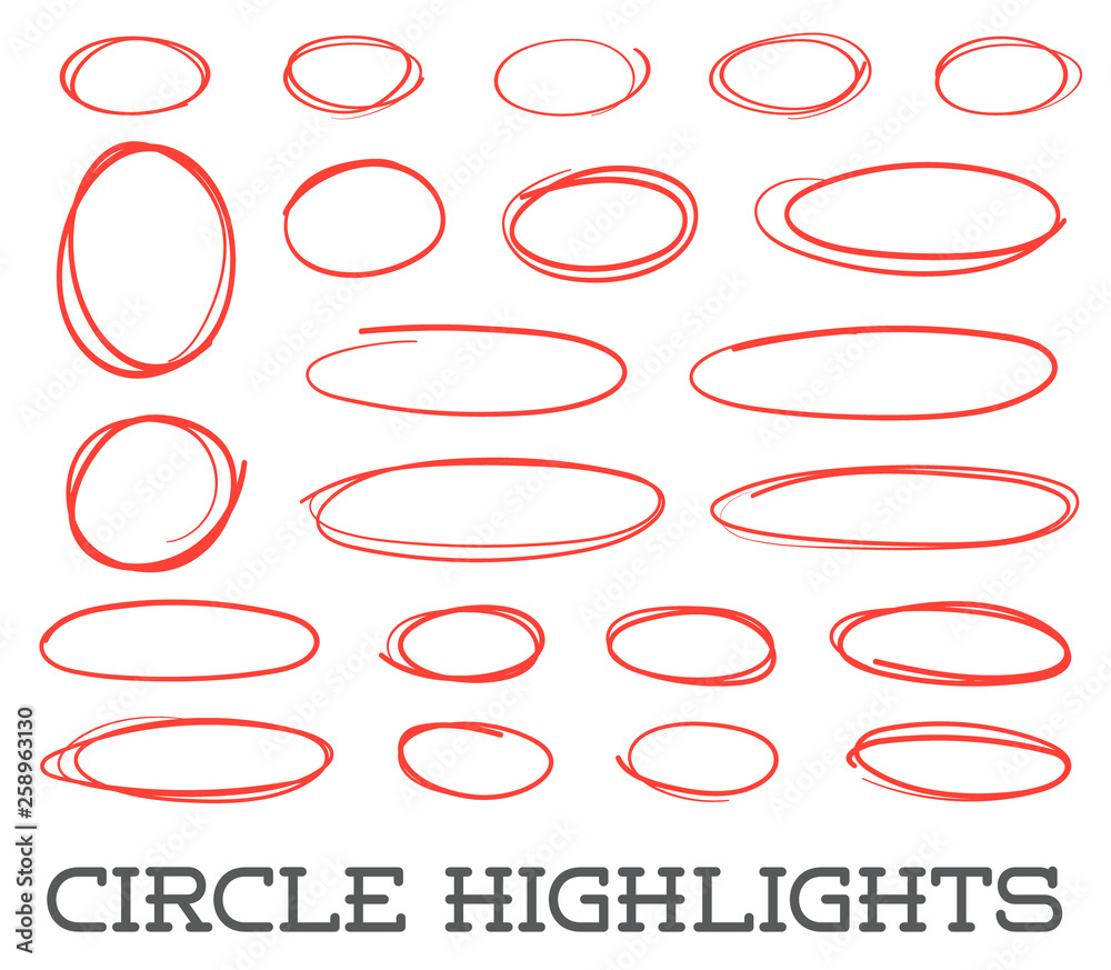 Highlight circles set. Vector collection. Hand drawn red ovals. Highlighting Text or important objects. Marker doodle sketch. Round scribble frames. Vector. - obrazy, fototapety, plakaty 