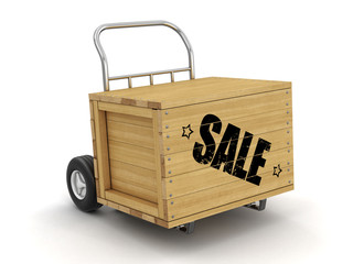 Poster - Wooden crate with Sale on Hand Truck. Image with clipping path