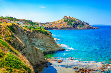 View of Castelsardo town, Sardinia, Sassari, Italy. Beautiful cityscape of Castelsardo in summer on the Sardinia. Castelsardo is famous travel destination of Sardinia, Italy. Sardinia island 