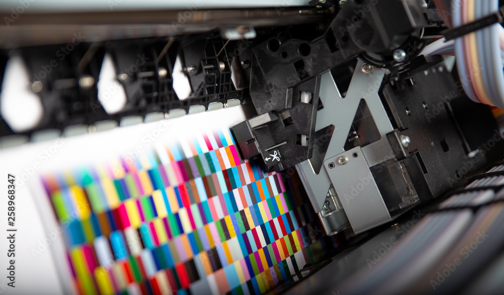 Printer ink jet print machine printing color patches for color management control - obrazy, fototapety, plakaty 