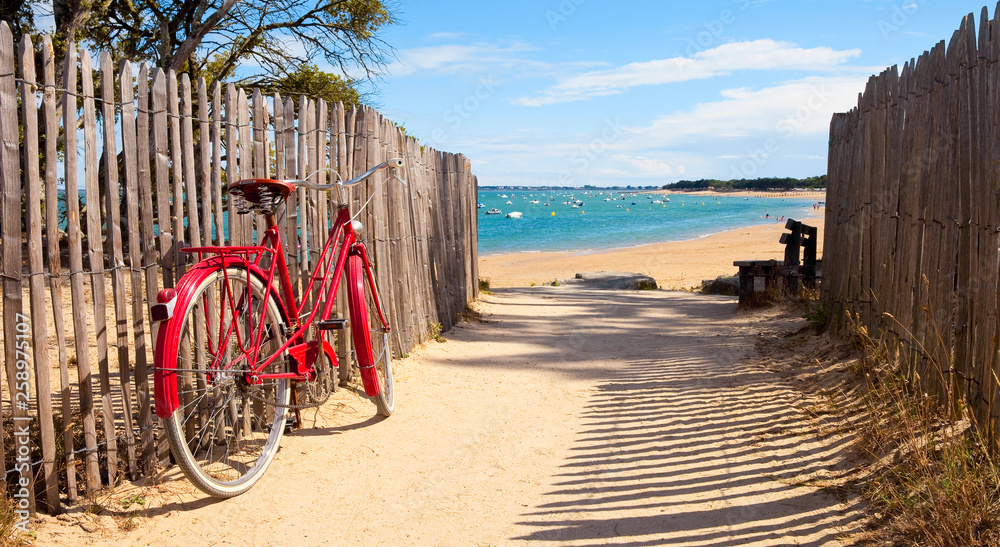 Détnete sur la plage après une balade à vélo sur lîle de Noirmoutier - obrazy, fototapety, plakaty 