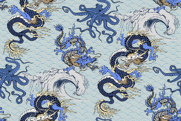 Pattern of asian dragon, octopus and sea voyages. Vector illustration. Suitable for fabric, wrapping paper and the like