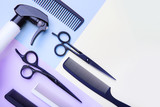 Stylish professional barber scissors and combs, hairdresser salon concept, hairdressing tool set. Haircut accessories