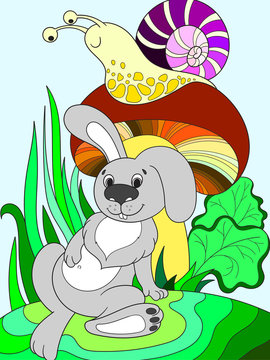 Childrens color cartoon animal friends in nature. Rabbit under a mushroom and snail