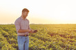 © Zoran Zeremski - Young farmer standing in filed with tablet examining soybean corp.