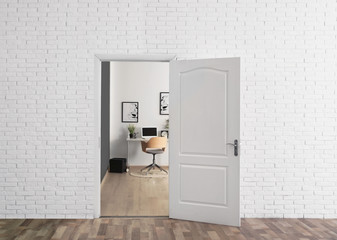 Wall Mural - Stylish home office interior, view through open door