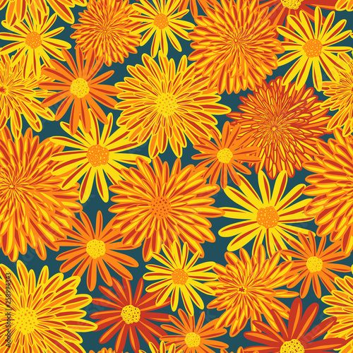 Daisy And Aster Summer Flowers Seamless Vector Pattern Bright Red Orange Yellow Flowers On Blue Background Contemporary Seasonal Floral Repeat Tile Hand Drawn Spring Summer Design For Fabric Decor Stock Vector