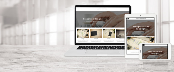 banner of multi device technology for responsive web design - laptop , digital tablet and smartphone