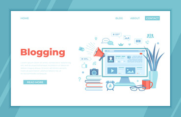 Wall Mural - Blogging Posting Education Writing Internet Blog Content-strategy, text, title, photo, video. Monitor with web page, infographics, social media, books, loudspeaker. landing page template, web banner. 