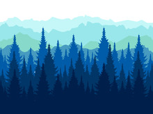 Landscape, Tops Of Conifers. Paper Forest. In Minimalist Style Cartoon Flat Vector