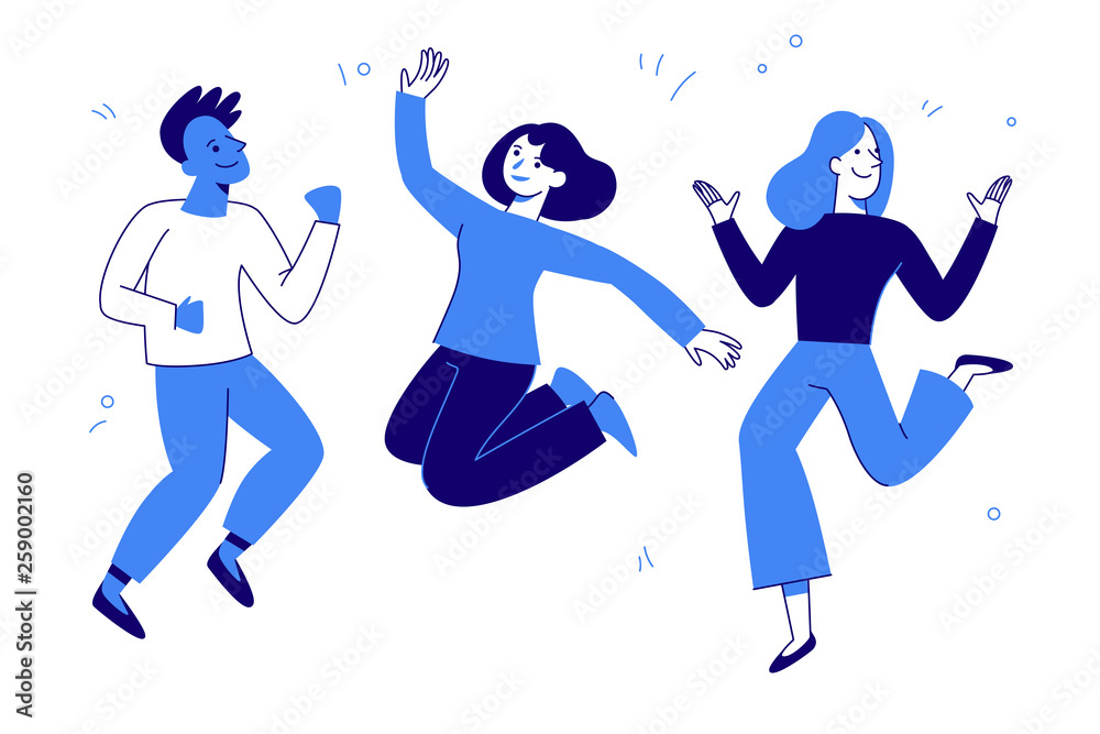 Vector illustration in flat simple style - happy jumping team - smiling men and women - obrazy, fototapety, plakaty 