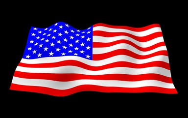 Waving flag of the United States of America on a dark background. Stars and Stripes. State symbol of the USA. 3D illustration