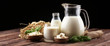 milk products. tasty healthy dairy products on a table. sour cream in a white bowl, cottage cheese bowl, cream in a a bank and milk jar, glass bottle and in a glass