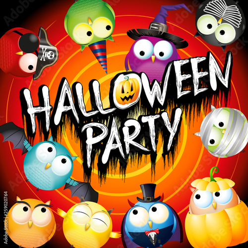 Halloween Party Poster Banner With Colorful Owls In Fancy Dress