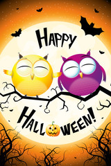 Wall Mural - Happy Halloween card with cartoon owls