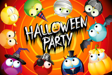 Sticker - Halloween party poster/ banner with colorful owls in fancy dress