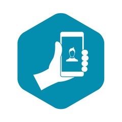 Poster - hand holding smartphone with photo icon in simple style isolated on white background. device symbol