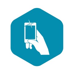 Poster - hand taking pictures on cell phone icon in simple style isolated on white background. device symbol