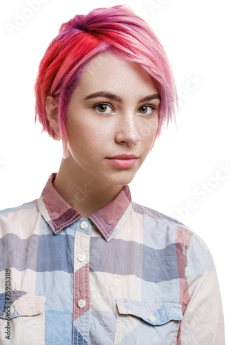 Young Beautiful Girl With A Short Hair Cut Pixie Bob Color