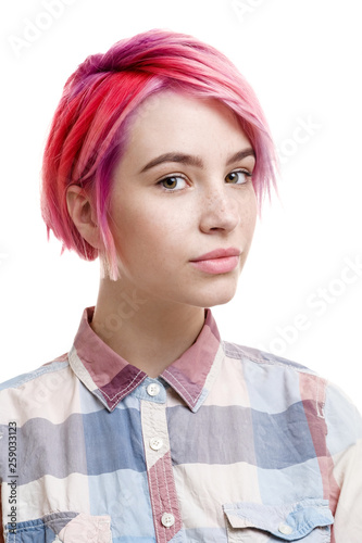 Young Beautiful Girl With A Short Hair Cut Pixie Bob Color