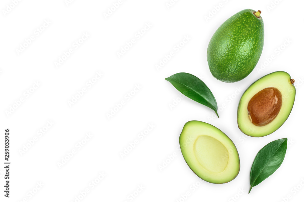avocado and slices isolated on white background with copy space for your text. Top view. Flat lay - obrazy, fototapety, plakaty 