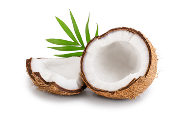 half of coconut with leaves isolated on white background