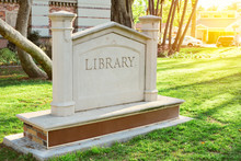 View Of A Stone Library Sign With Copy Space Available