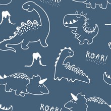 Childish Dinosaur Seamless Pattern For Fashion Clothes, Fabric, T Shirts. Hand Drawn Vector