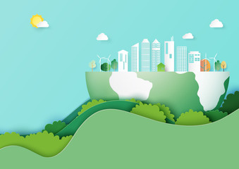 Ecology and environment conservation concept.Paper art of nature concept with save the earth and green eco city template background.Vector illustration.