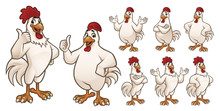 Cartoon Rooster And Chicken Mascot With 8 Poses_EPS 10 Vector