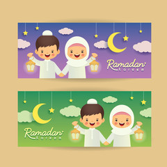 Wall Mural - Ramadan kareem banner template. Cute cartoon muslim kids holding lantern with crescent moon, stars and clouds. Vector illustration. Ramadan Kareem means Ramadan the Generous Month. 